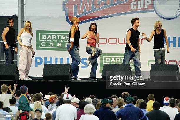 Atomic Kitten perform on stage before the first semi-final match of the Twenty20 Cup between Leicestershire and Warwickshire at Trent Bridge Cricket...