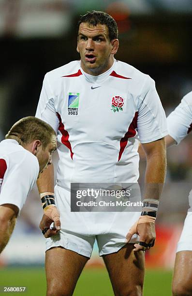 England captain Martin Johnson awaits the throw in at the lineout during the Rugby World Cup Pool C match between South Africa and England on October...