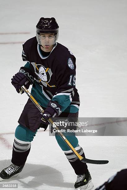 Andy McDonald of the Mighty Ducks of Anaheim waits for the face-off during the game against the Chicago Blackhawks at the Arrowhead Pond of Anaheim...