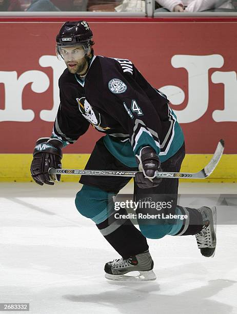 Rob Niedermayer of the Mighty Ducks of Anaheim skates during the game against the Chicago Blackhawks at the Arrowhead Pond of Anaheim on October 26,...