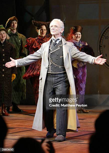 Actor Joel Grey performs on stage during the opening night performance of the Broadway musical "Wicked" at The Gershwin Theatre October 30, 2003 in...