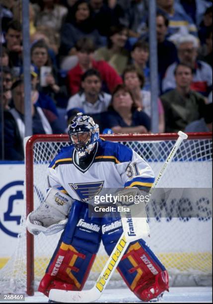 Goaltender Grant Fuhr of the St. Louis Blues in action during a game against the Detroit Red Wings at the Kiel Center in St. Louis, Missouri. The...