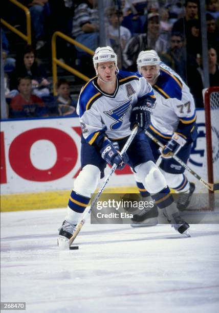 Al Macinnis of the St. Louis Blues in action during a game against the Detroit Red Wings at the Kiel Center in St. Louis, Missouri. The Blues...