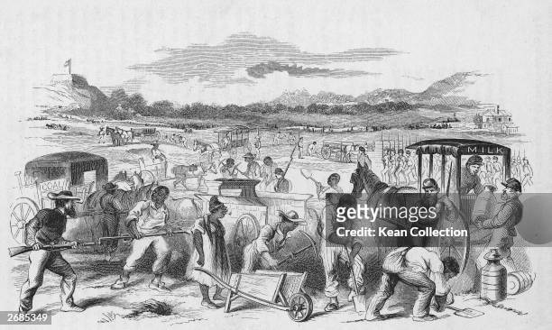 Illustration of American slaves being forced to work on Confederate fortifications during the American Civil War, Nashville, Tennessee, Mid-19th...