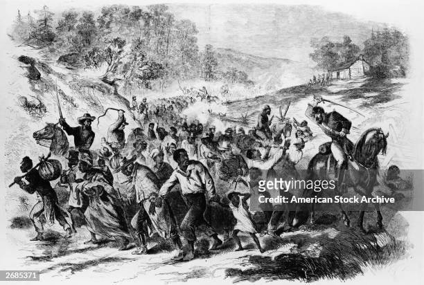 Illustration of American Confederate troops waving swords on horseback while driving a crowd of African slaves heading South, 1862.