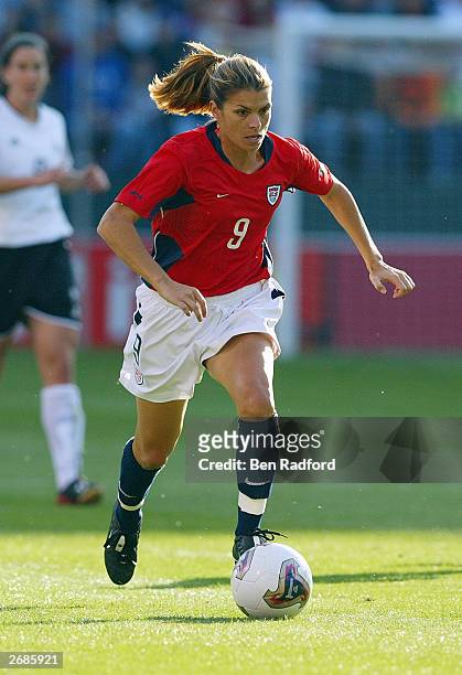 Mia Hamm of the USA moves the ball forward against Germany during the semifinals of the FIFA Women's World Cup match on October 5, 2003 at PGE Park...