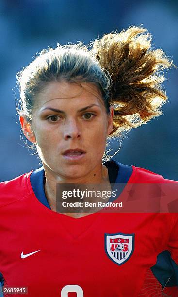 Mia Hamm of the USA pursues the ball against Germany during the semifinals of the FIFA Women's World Cup match on October 5, 2003 at PGE Park in...