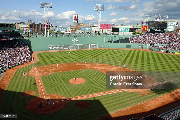 An aerial view of the inside of Fenway Park taken during game four of the American League Division Series between the Oakland Athletics and the...