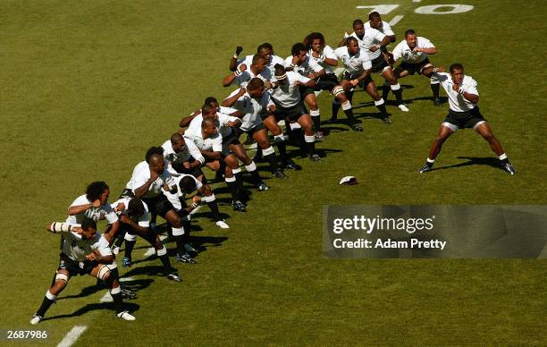 Fiji perform their warrior dance during the Rugby World Cup Pool B match between Scotland and Fiji at Aussie Stadium November 1, 2003 in Sydney,...