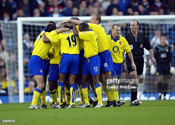 Leeds players celebrate scoring during the FA Barclaycard Premiership match between Leeds United and Arsenal November 1. 2003 at Elland Road, Leeds,...