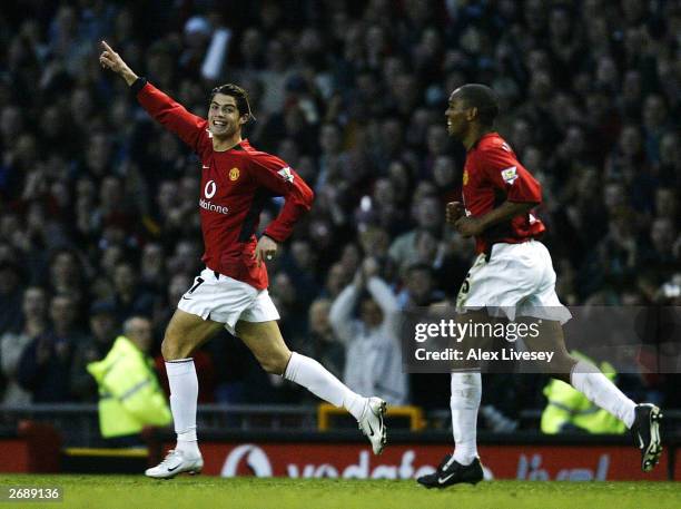 Cristiano Ronaldo of Man Utd celebrates after scoring the second goal during the FA Barclaycard Premiership match between Manchester United and...