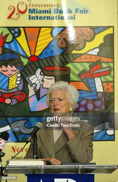 Former first lady Barbara Bush speaks about her new book, "Reflections: Life After the White House," at the Biltmore Hotel brunch to benefit the...