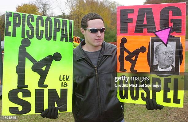 Anti-gay activist Joshua Phelps of the Westboro Baptist Church of Topeka, Kansas, protests outside the building where Rev. Gene Robinson was about to...