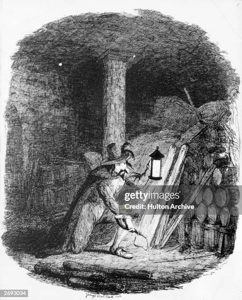Conspirator Guy Fawkes attempts to plant gunpowder in the cellar of the Palace of Westminster, 5th November 1605. Engraved by George Cruikshank.