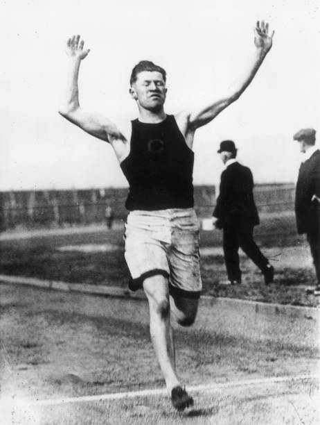American footballer and athlete Jim Thorpe competing for Carlisle Indian Industrial School at the US Olympic trials in Celtic Park, New York, 18th...