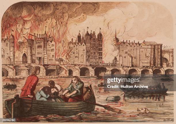 People flee to boats on the River Thames to escape the Great Fire of London, September 1666.