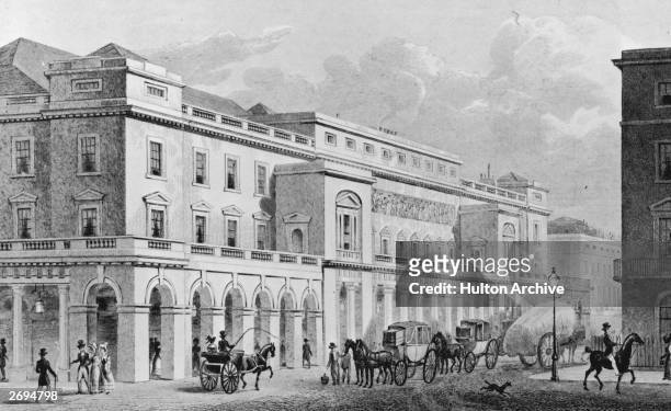 The Italian Opera House, Haymarket, London from Pall Mall East. Later known as His Majesty's Theatre. Original Artwork: Drawing- Thomas Hosmer...