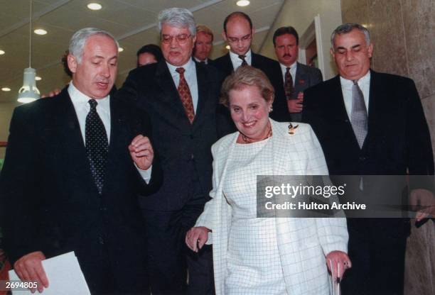 Secretary of State, Madeleine Albright, with the Israeli Prime Minister Benjamin Netanyahu, Foreign Minister David Levy and Defence Minister Yitzhak...