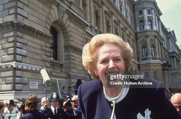 British prime minister Margaret Thatcher in Downing Street, London, at the start of her third term in office.