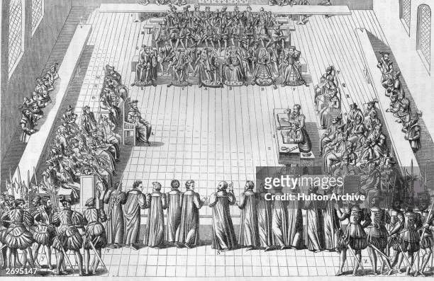 Meeting of the French Estates General at Poissy, 9th December 1561. Among those present are King Charles X of France and on his left, Catherine de...
