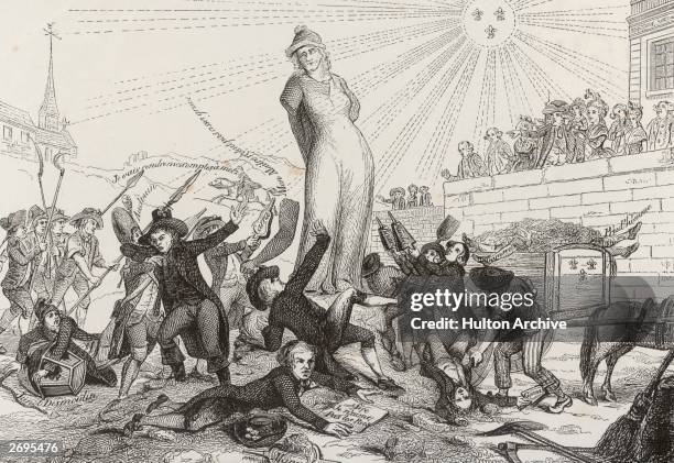 Royalist engraving lampooning the efforts of republican Jacobins to erect a statue to 'La Nation'. A royal sun, decorated with the fleur-de-lis, is...