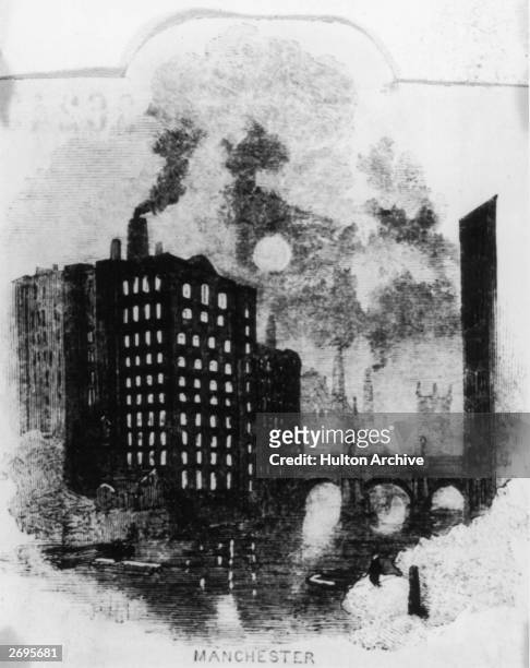 Manchester mill towers above a city waterway with black smoke pouring from its chimneys.