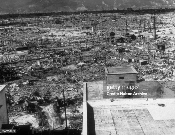 View of the ruins of the city of Hiroshima following the first dropping of the atomic bomb by the United States on August 6, 1945.