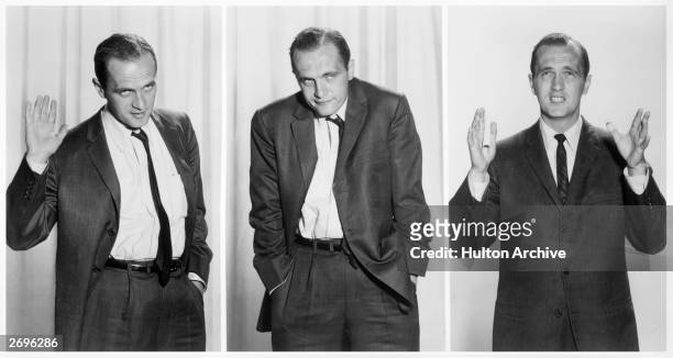 Three different views of American comedian Bob Newhart performing his stand-up act, promoting his appearance on the television variety series, 'The...
