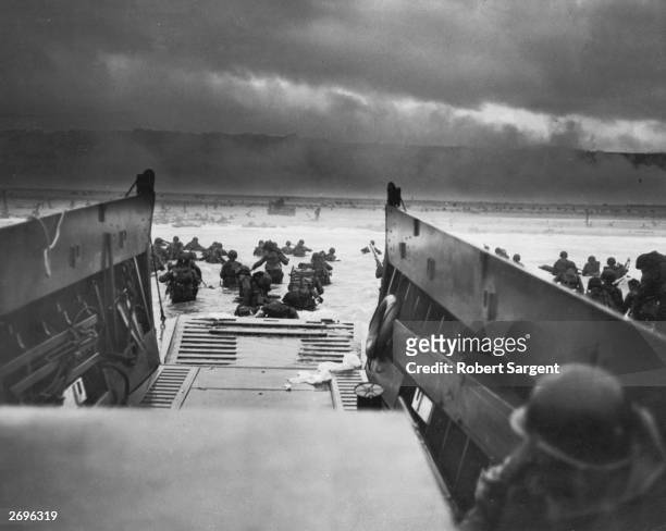 View from inside one of the landing craft after US troops hit the water during the Allied D-Day invasion of Normandy, France. The US troops on the...