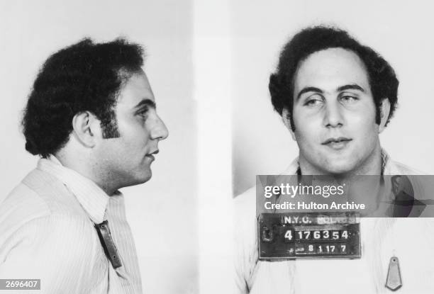 Police mug shot showing the front view and profile of convicted New York City serial killer David Berkowitz, known as the 'Son of Sam'.