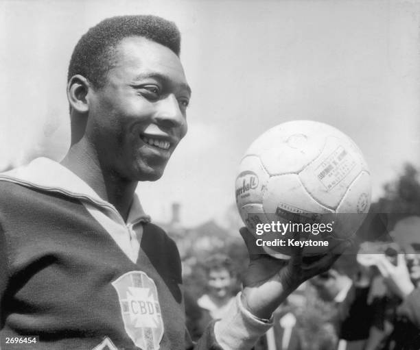 Brazilian footballer Pele in training for Brazil's match against England.