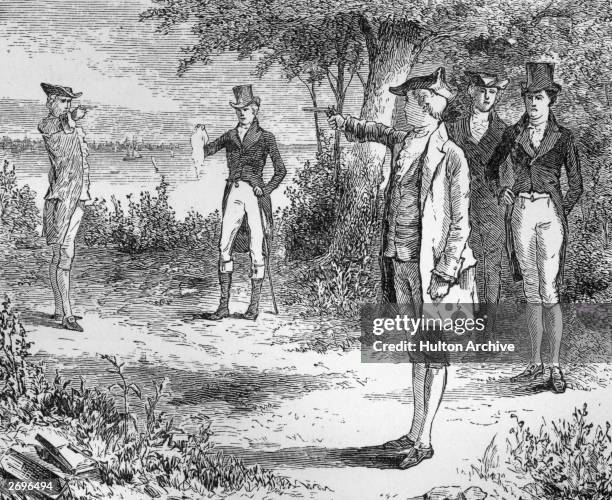 American politicians Alexander Hamilton and Aaron Burr take aim in the duel that would end Hamilton's life, Weehawken, New Jersey.