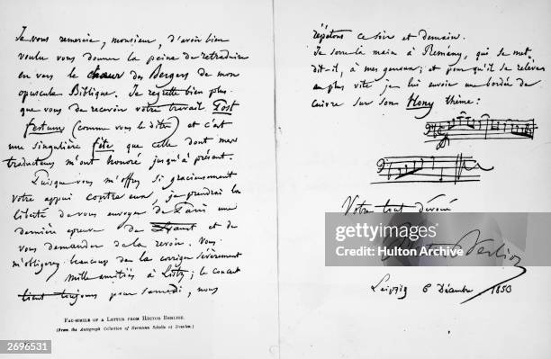 Facsimile of a letter sent from Leipzig by French romantic composer, Hector Berlioz to a translator, thanking him for his rendering of his...