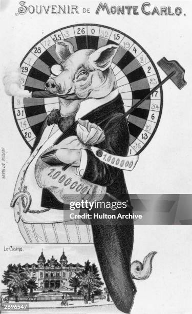 Souvenir card from the casino in Monte Carlo depicting a successful gambler on the roulette wheel as a millionaire pig, wearing a lucky horseshoe,...