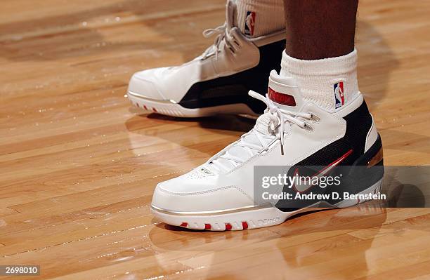 Detail of LeBron James' #23 of the Cleveland Cavaliers shoes during the game against the Sacramento Kings at Arco Arena on October 29, 2003 in...