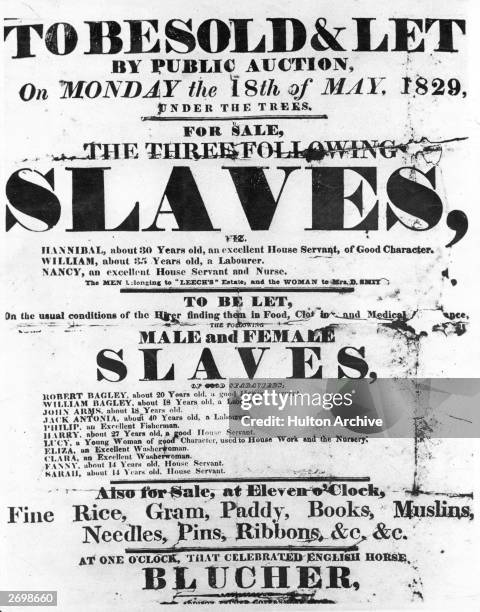 Sale Bill poster used to advertise a public auction of enslaved people in the West Indies.