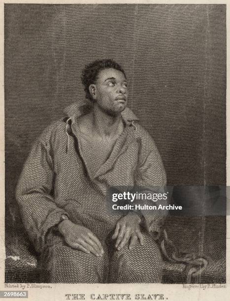 An enslaved man in chains. Original Artwork: Engraving by Edward Francis Finden after a painting by P Simpson.