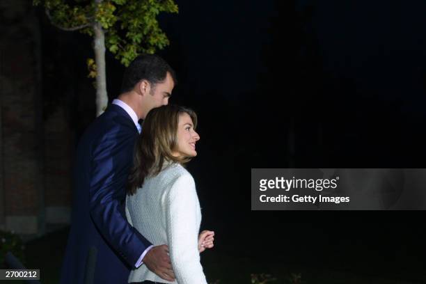 Spanish Crown Prince Felipe, the heir to the Spanish throne, and television presenter Letizia Ortiz, announce their engagement in the gardens of the...