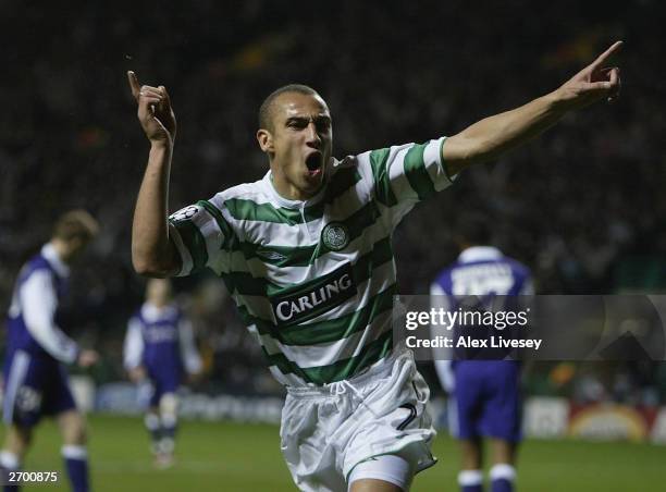 Henrik Larsson of Celtic celebrates scoring the first goal against Anderlecht during the UEFA Champions League match between Celtic and Anderlecht at...