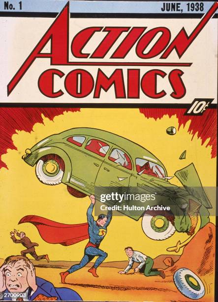 Cover illustration of the comic book Action Comics No. 1 featuring the first appearance of the character Superman June 1938.