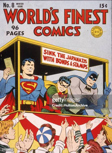 Cover illustration for 'World's Finest Comics,' with Superman, Batman and Robin selling US War Bonds to sink the 'Japanazis' in World War II, 1940s.