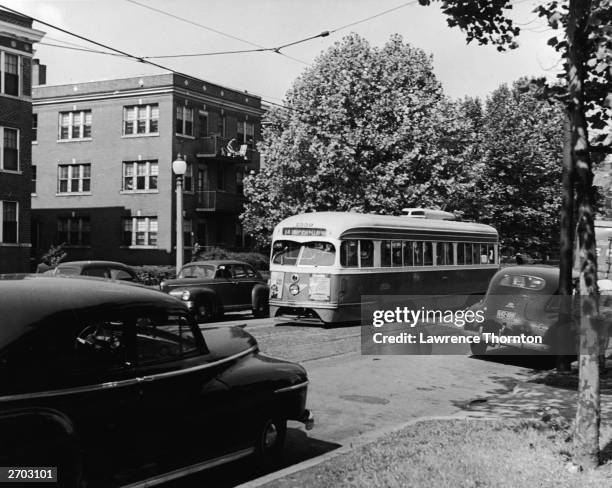 Scene of a bus on a street in St.Louis, Missouri, 1949.