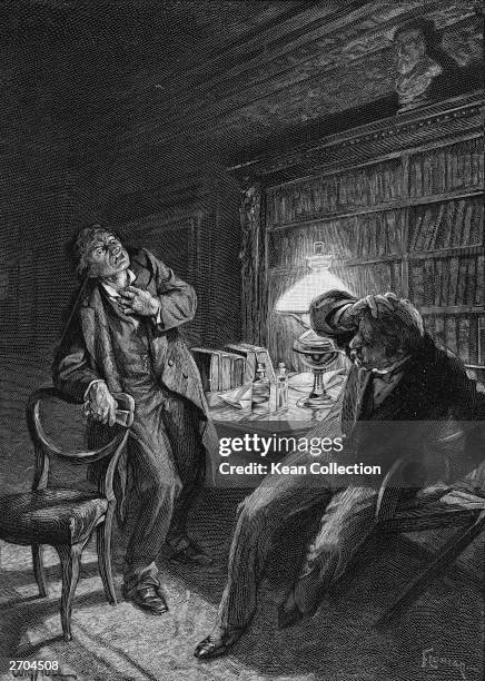 An engraving of a scene from chapter IX of the novel 'Dr. Jekyll and Mr. Hyde,' by Robert Louis Stevenson showing Dr. Jekyll transforming into the...