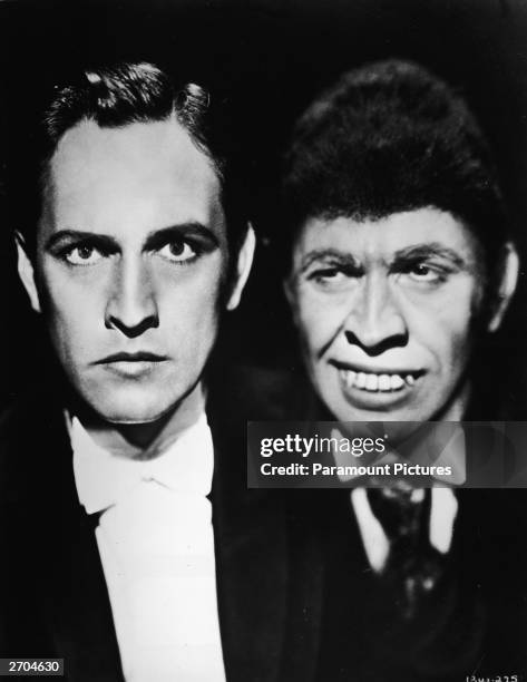 Composite image of American actor Fredric March portraying Dr. Jekyll and in make-up as the monster Mr. Hyde in a promotional portrait for the film...
