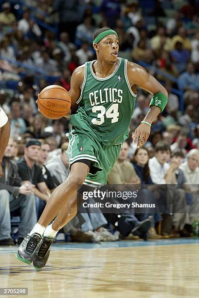 Paul Pierce of the Boston Celtics drives against the New Orleans Hornets during the game at New Orleans Arena on November 1, 2003 in New Orleans,...