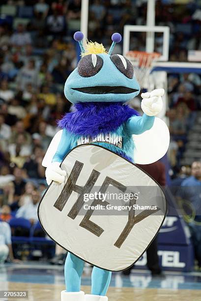 New Orleans Hornets mascot, Hugo the Hornet, holds a sign during the game against the Boston Celtics at New Orleans Arena on November 1, 2003 in New...