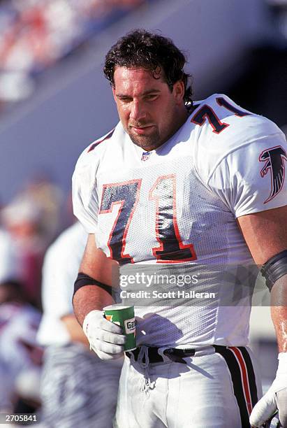 Bill Goldberg of the Atlanta Falcons looks on during the NFL game against the Tampa Bay Buccaneers at Houlihan's Stadium on December 13, 1992 in...