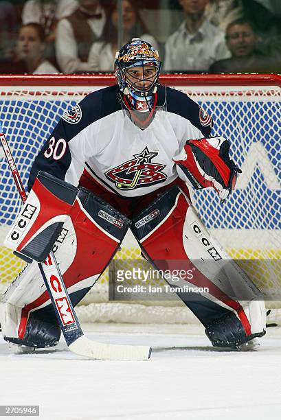 Goalie Marc Denis of the Columbus Blue Jackets protects the net during the game against the Calgary Flames at the Pengrowth Saddledome on November 1,...