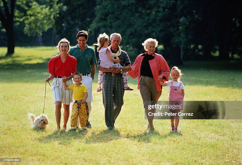 Three generation family in park, casual clothes,three children