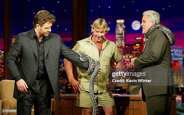 Actor Russell Crowe and "Crocodile Hynter" Steve Irwin appear on "The Tonight Show with Jay Leno" at the NBC Studios on November 6, 2003 in Burbank,...